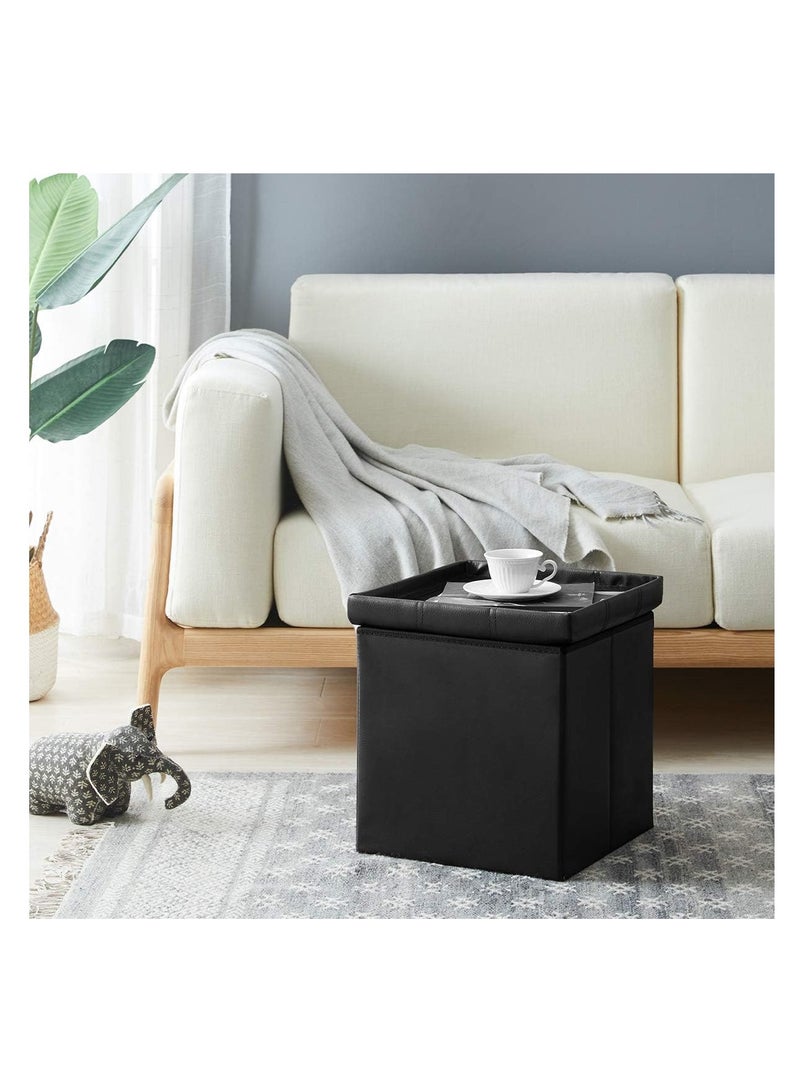 SYOSI 15 inches Folding Storage Ottoman, Cube Storage Boxes Footrest Stool, Small Ottomans with Foam Padded Seat, Support 300lbs (Black, Leather)  - Image 4