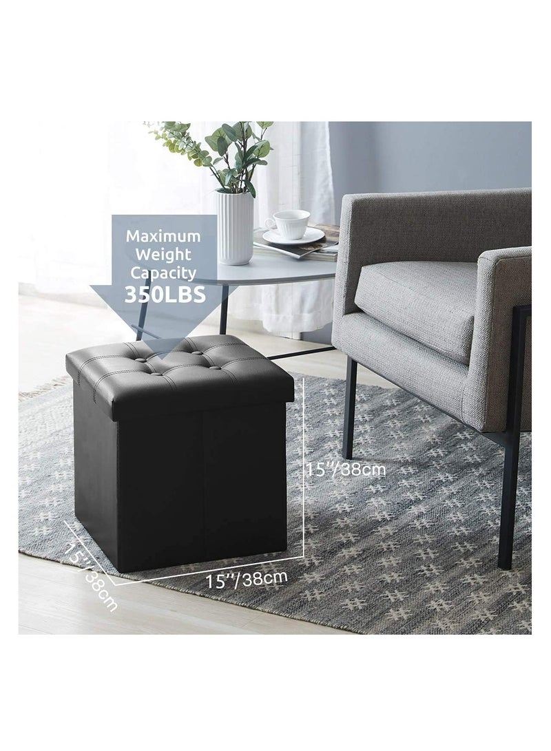 SYOSI 15 inches Folding Storage Ottoman, Cube Storage Boxes Footrest Stool, Small Ottomans with Foam Padded Seat, Support 300lbs (Black, Leather)  - Image 5