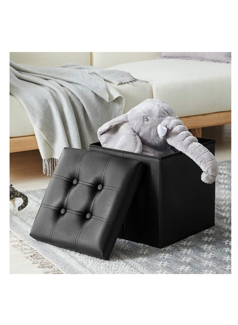 SYOSI 15 inches Folding Storage Ottoman, Cube Storage Boxes Footrest Stool, Small Ottomans with Foam Padded Seat, Support 300lbs (Black, Leather)  - Image 2