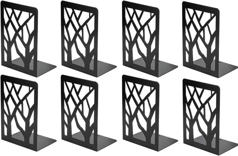 MaxGear Book Ends Tree Design Modern Bookends for Shelves, Non-Skid Bookend, Heavy Duty Metal Book Stopper for Books/CDs, Decorative Book Shelf for Home, 7 x 4.7 x 3.5”, Black (4 Pair/8 Pieces, Large) - Image 1