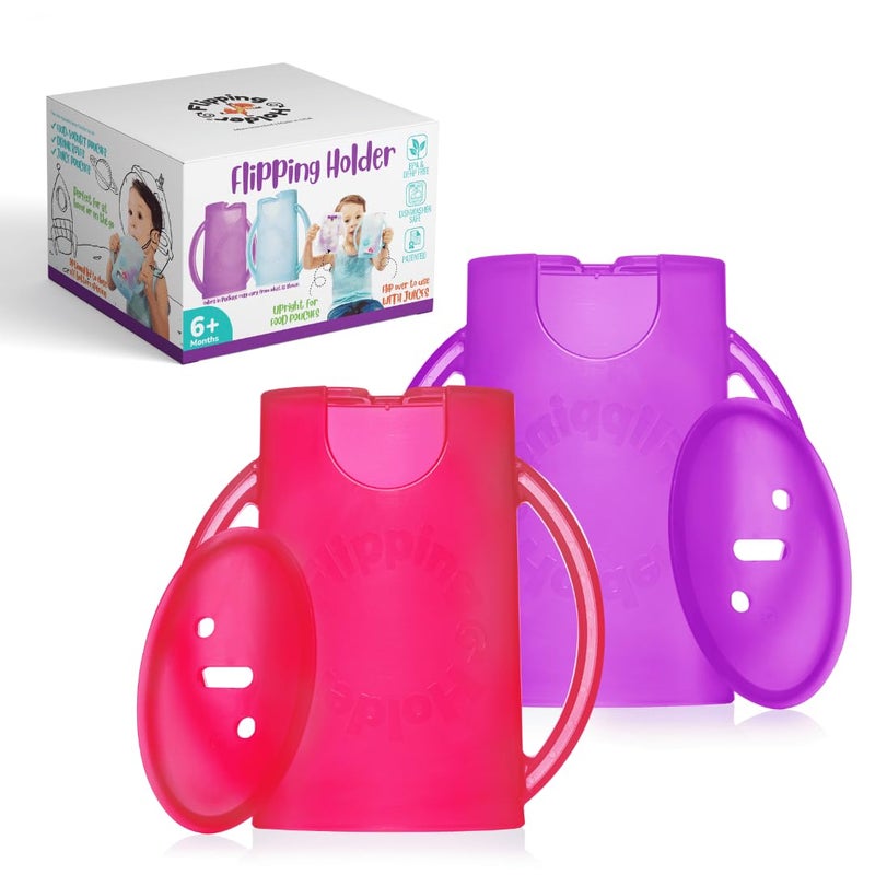 Flipping Holder حامل أكياس الطعام المضاد للضغط للأطفال، الرضع، والأولاد، حامل مشروبات عصير بدون ضغط وحامل وجبات خفيفة من صلصة التفاح مع مقابض سهلة الإمساك وغطاء - Image 1