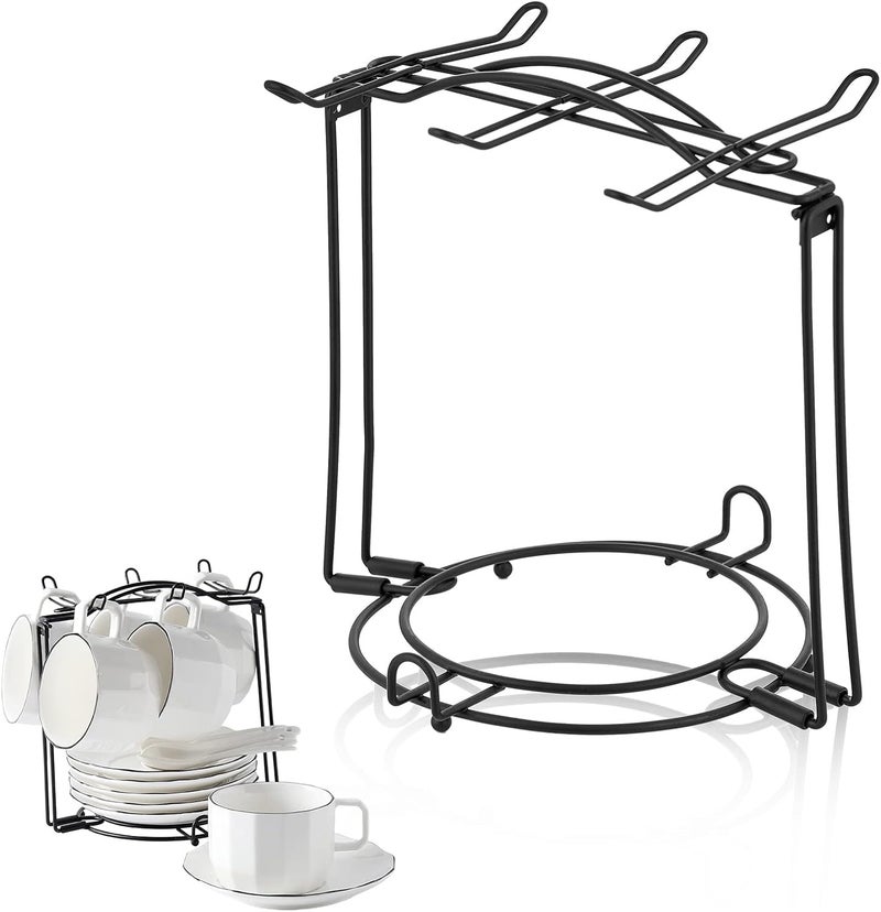 CHILDIKE Tea Cup Holder, Coffee Cups and Saucers Display Stand, Metal Foldable Storage Rack for Espresso and Cappuccino Cup - Black - Image 1