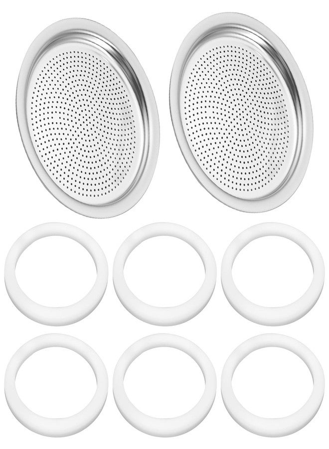 Nbbiww Moka Pot Replacement Gasket and Filter, 6 Gasket + 2 Filter Compatible with Bialetti 3/4 Cups Moka Express, Fiammetta, Break, Happy, Dama, Moka Melody, Alpina, Moka Timer and Rainbow Espresso Makers - Image 1