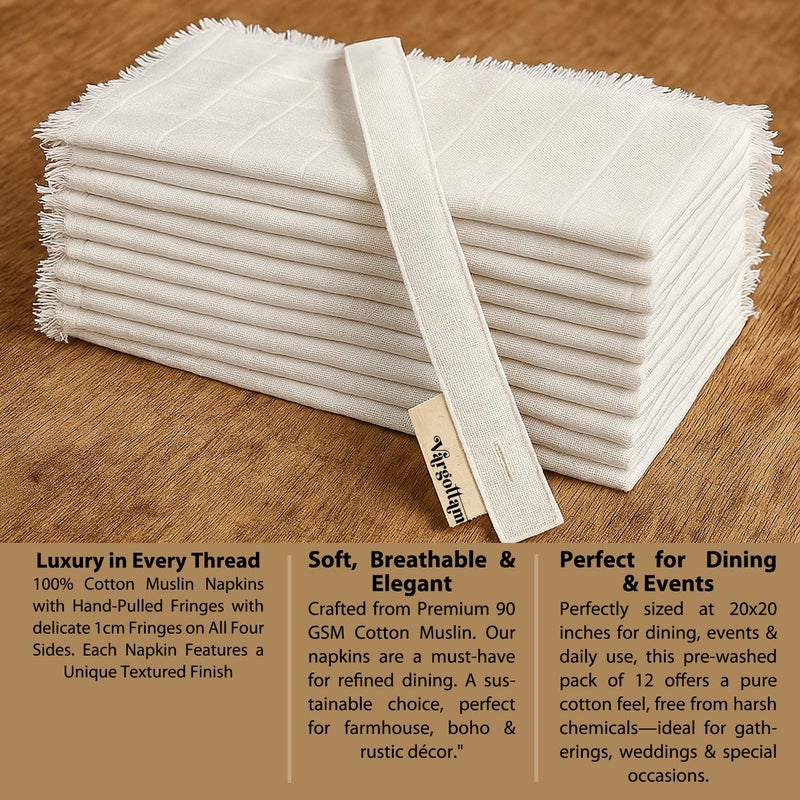 Vargottam Solid Cotton Muslin Napkins with Fringed Edges – 12 Pack | Reusable 20"x20" Table Linen with Subtle Check Texture | Soft Dining Napkins for Formal Dinners, Events and Everyday Use - White - Image 4