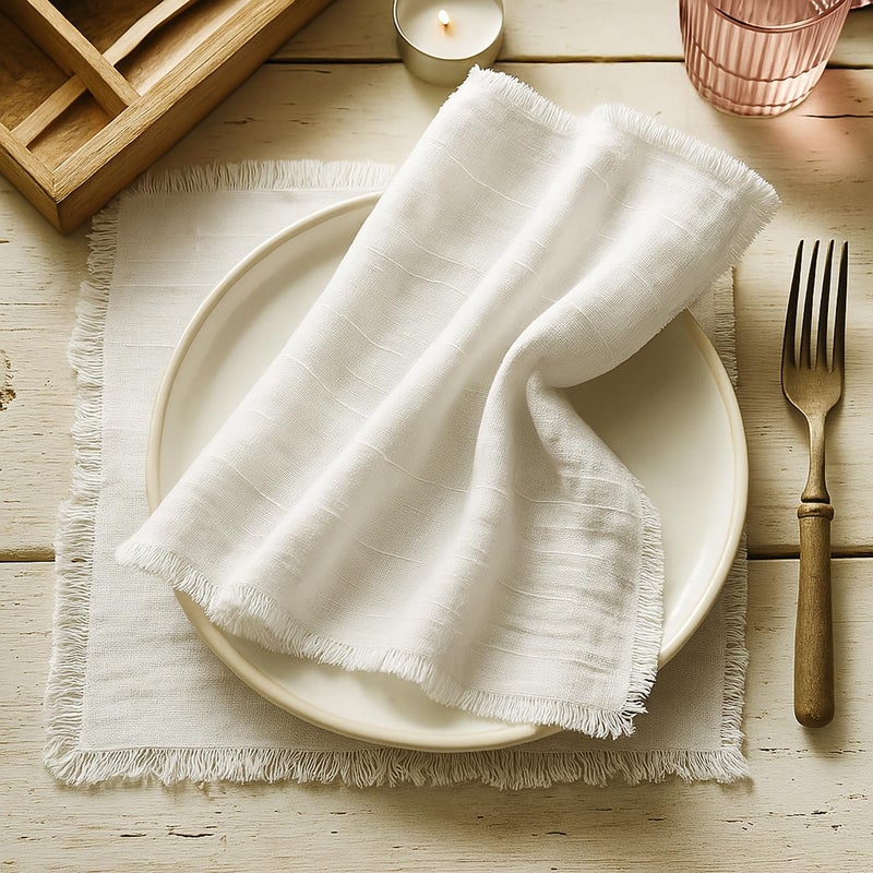 Vargottam Solid Cotton Muslin Napkins with Fringed Edges – 12 Pack | Reusable 20"x20" Table Linen with Subtle Check Texture | Soft Dining Napkins for Formal Dinners, Events and Everyday Use - White - Image 1