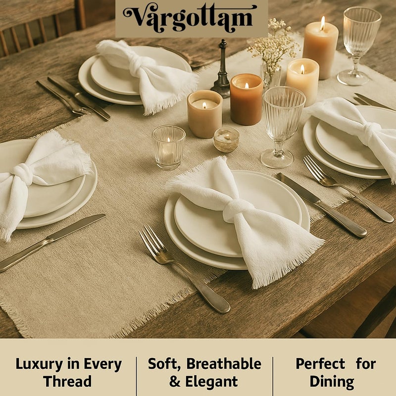Vargottam Solid Cotton Muslin Napkins with Fringed Edges – 12 Pack | Reusable 20"x20" Table Linen with Subtle Check Texture | Soft Dining Napkins for Formal Dinners, Events and Everyday Use - White - Image 3
