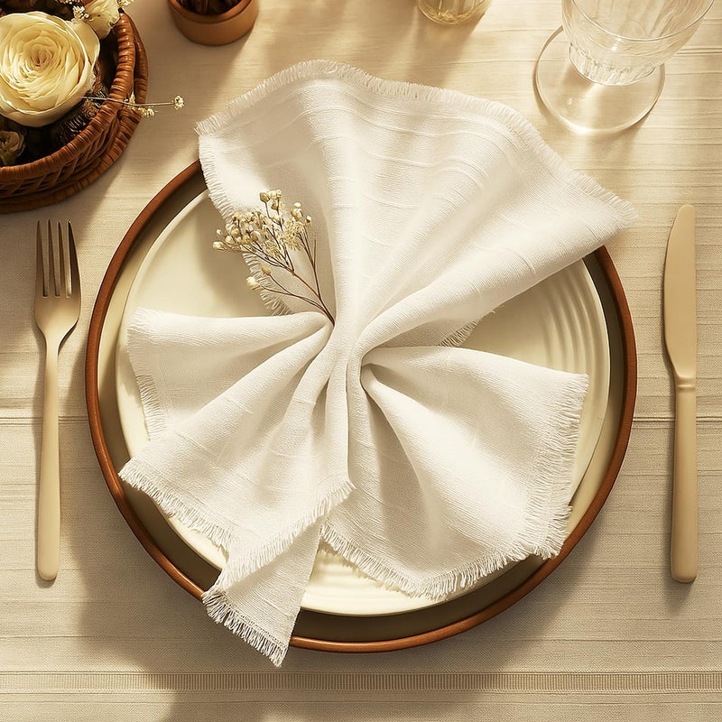 Vargottam Solid Cotton Muslin Napkins with Fringed Edges – 12 Pack | Reusable 20"x20" Table Linen with Subtle Check Texture | Soft Dining Napkins for Formal Dinners, Events and Everyday Use - White - Image 2