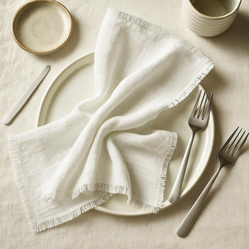 Vargottam Solid Cotton Muslin Napkins with Fringed Edges – 12 Pack | Reusable 20"x20" Table Linen with Subtle Check Texture | Soft Dining Napkins for Formal Dinners, Events and Everyday Use - White - Image 5