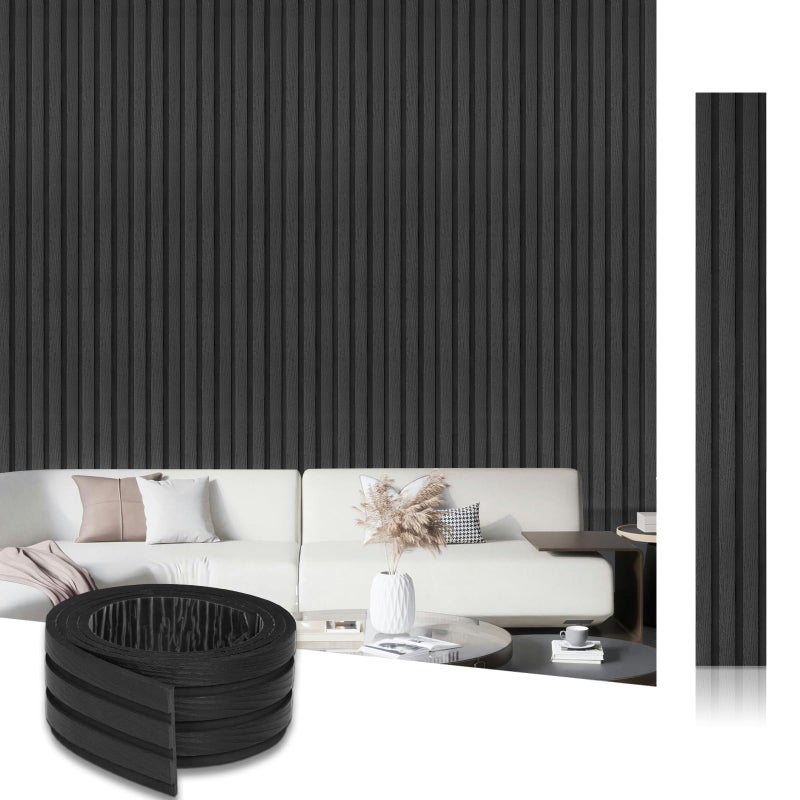 WalDecoo Black Peel and Stick PVC Slat Wall Panel, 4â€œx96â€ Self-Adhesive Thick Faux Wood Grain Wallpaper Panel, 3D Sound Proof Panels for Walls, Removable Wood Panels for Wall Peel and Stick for Accent Walls - Image 1