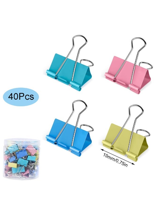 40 Pcs Office Clips Binder Clips Set, Medium Size 19mm/0.75in Metal Fold Back Clips with Box for Office School and Home Supplies, Document Paper Clip (Blue+Pink+Yellow+Green) - Image 1
