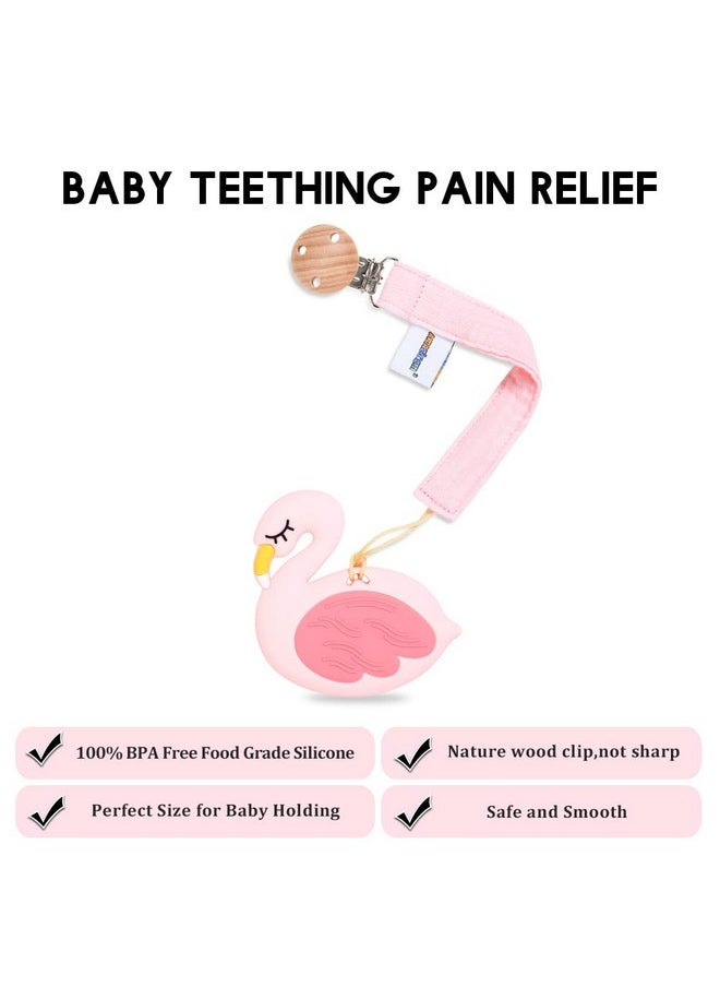 AmazingM - Baby Food Grade Silicone Teether Toy With Pacifier Clip Holderteething Pain Relief Toys Gift Set For 3 Months+ Boys And Girlsfreezer Safebpa Free (Pink Flamingo) - Image 1