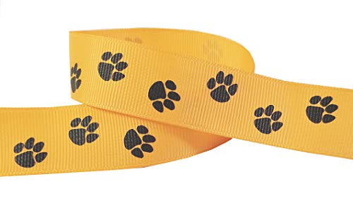 Q-YO Paw Prints Ribbon for Crafts Grosgrain Ribbon for Gift Wrapping, Cheer Bows (10yd 7/8" Paw, Yellow Gold/Black) - Image 1