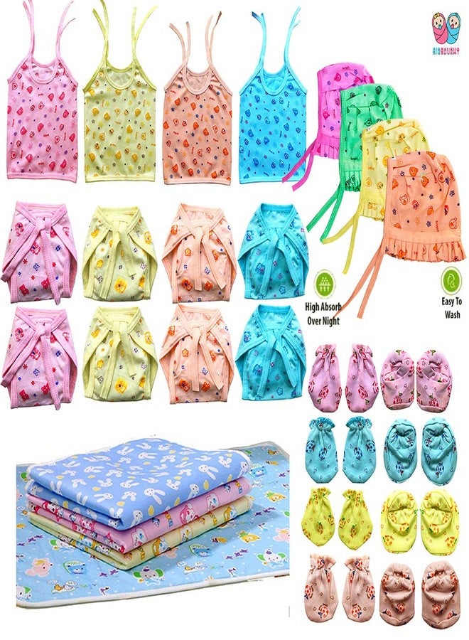 BIGBOUGHT New Born Baby Care Cloth Set Combo (Set of 28, 4Jhabla, 8Nappy, 8Mittens,4Cap Hosiery Material and 4 Plastic mat, Random Print (Multicolor) (Assorted) - Image 1