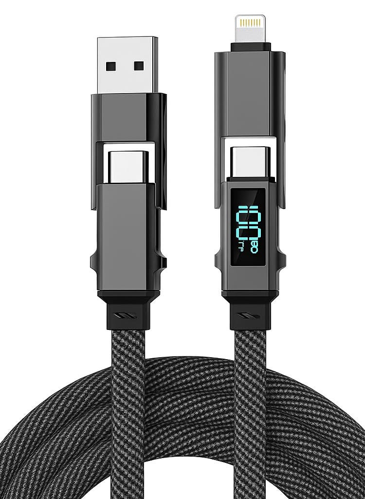 انسجام كابل شحن سريع 4 في 1 بطول 1 متر مع شاشة عرض الطاقة USB-C إلى Lightning Type-C وMicro USB شاحن متعدد مضفر من النايلون المتين - Image 1