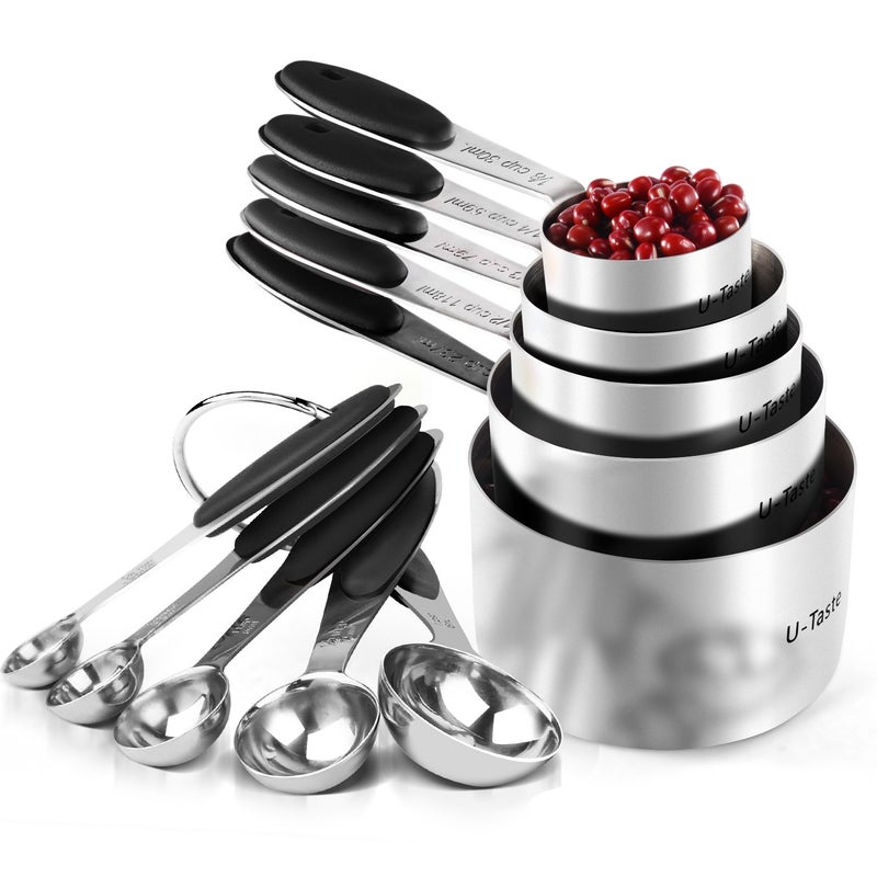 U-Taste Measuring Cups : U-Taste 18/8 Stainless Steel Measuring Cups and Spoons Set of 10 Piece, Upgraded Thickness Handle(Black) - Image 1