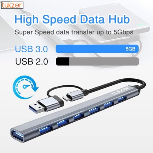 Tukzer 7 USB Multiport Adapter with Dual Convertible USB & Type C Heads 7-in-1 USB Hub, 1 x USB 3.0 & 6 x USB 2.0 Ports, 5 Gbps Data Transfer Speed for Laptop, PC, MacBook, Hard Drive,Pendrive(Grey) - Image 3