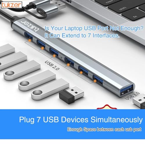Tukzer 7 USB Multiport Adapter with Dual Convertible USB & Type C Heads 7-in-1 USB Hub, 1 x USB 3.0 & 6 x USB 2.0 Ports, 5 Gbps Data Transfer Speed for Laptop, PC, MacBook, Hard Drive,Pendrive(Grey) - Image 4