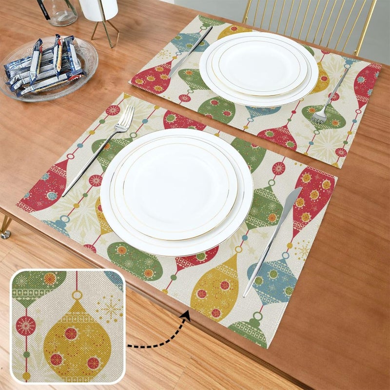 OTVEE Placemats Retro Christmas Balls and Stars Place Mats 6 Pcs Polyester Dinner Table Mat with Imitation Burlap Effect and Double Side Printed - Image 2