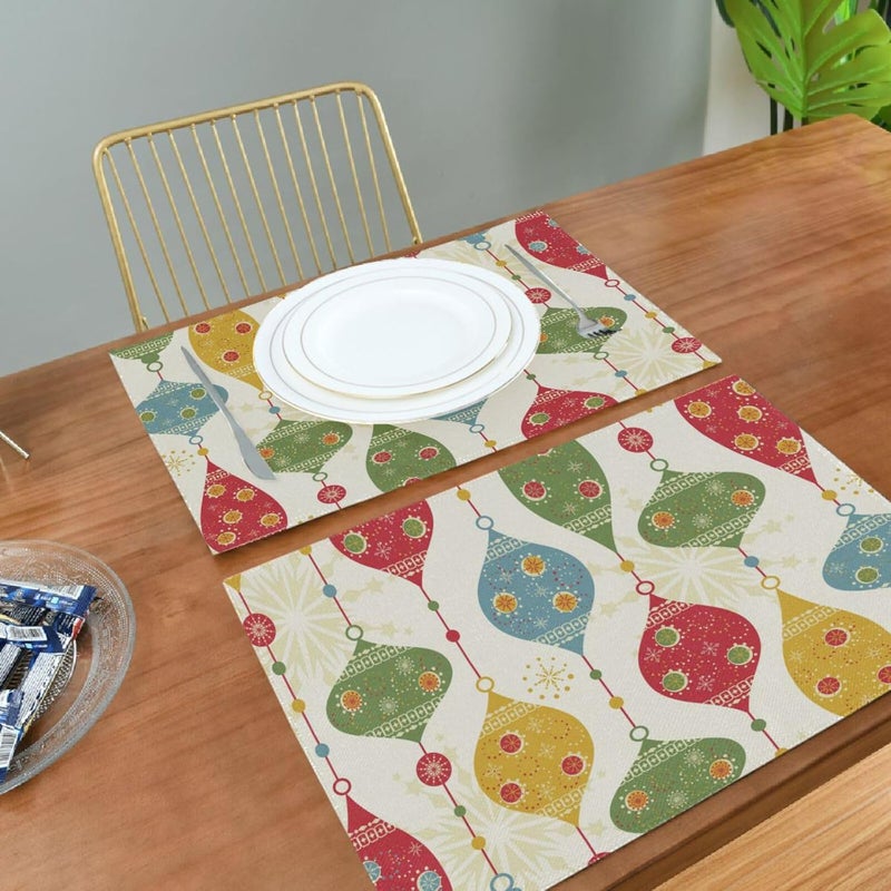 OTVEE Placemats Retro Christmas Balls and Stars Place Mats 6 Pcs Polyester Dinner Table Mat with Imitation Burlap Effect and Double Side Printed - Image 4