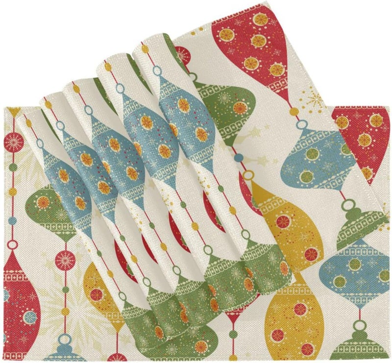 OTVEE Placemats Retro Christmas Balls and Stars Place Mats 6 Pcs Polyester Dinner Table Mat with Imitation Burlap Effect and Double Side Printed - Image 3