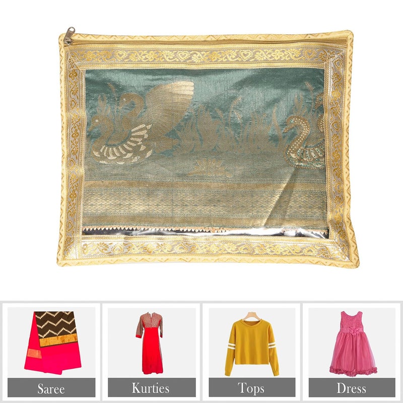 Kuber Industries Satin Saree Cover | Clothes Storage Bag | Single Packing Saree With Zip Closure | Wardrobe Organizer | Cloth Stoarge | 4 Side Lace Saree Cover | Pack Of 6 | Golden, 36 Cm, 1 Cm - Image 4