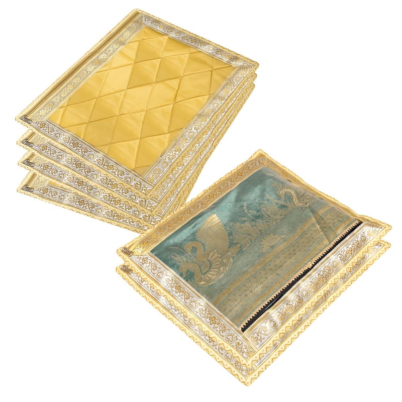 Kuber Industries Satin Saree Cover | Clothes Storage Bag | Single Packing Saree With Zip Closure | Wardrobe Organizer | Cloth Stoarge | 4 Side Lace Saree Cover | Pack Of 6 | Golden, 36 Cm, 1 Cm - Image 1