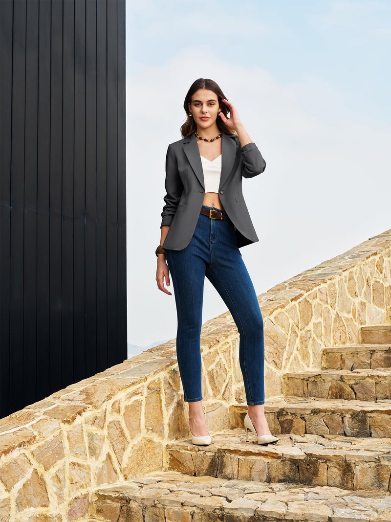 ELLEVEN Blazers for Women Business Casual Work Office Long Sleeve Lightweight Button Pockets Notched Lapel Collar Slim Fit Professional Suit Jacket Coat Outfits Padded Shoulder Textured Gray XX-Large - Image 5