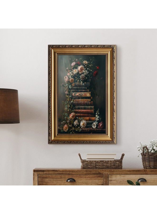 ASTRDECOR Framed Vintage Floral Wall Art - Moody Flowers Books Art Oil Painting, Vintage Wildflowers Dark Academia Floral Gallery Wall Decor Picture, Rustic Country Canvas Decor for Living Room Office 16''x24'' - Image 4
