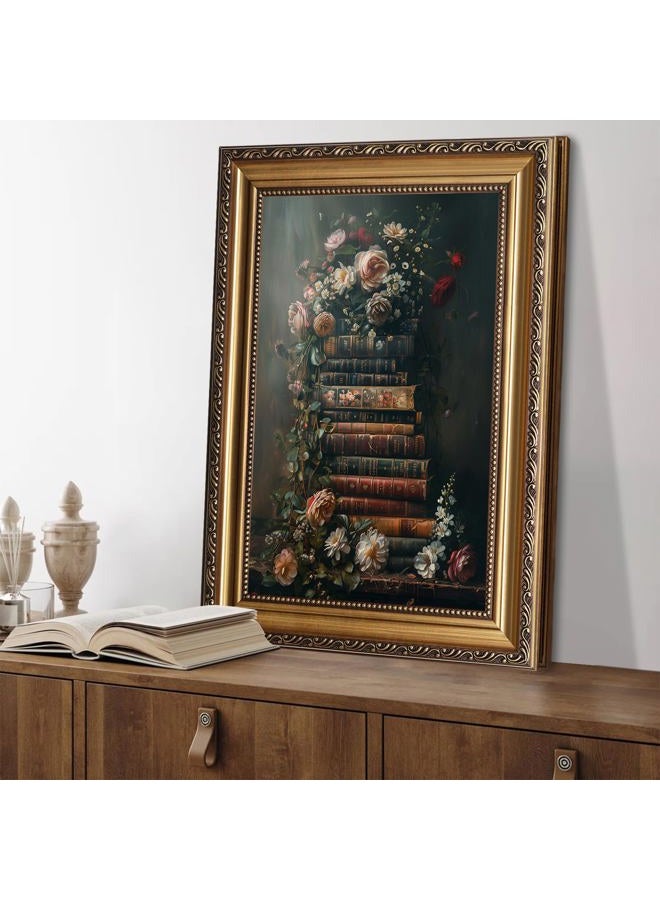 ASTRDECOR Framed Vintage Floral Wall Art - Moody Flowers Books Art Oil Painting, Vintage Wildflowers Dark Academia Floral Gallery Wall Decor Picture, Rustic Country Canvas Decor for Living Room Office 16''x24'' - Image 3