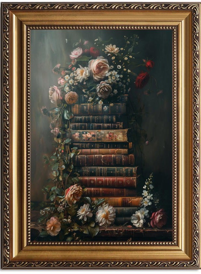 ASTRDECOR Framed Vintage Floral Wall Art - Moody Flowers Books Art Oil Painting, Vintage Wildflowers Dark Academia Floral Gallery Wall Decor Picture, Rustic Country Canvas Decor for Living Room Office 16''x24'' - Image 1