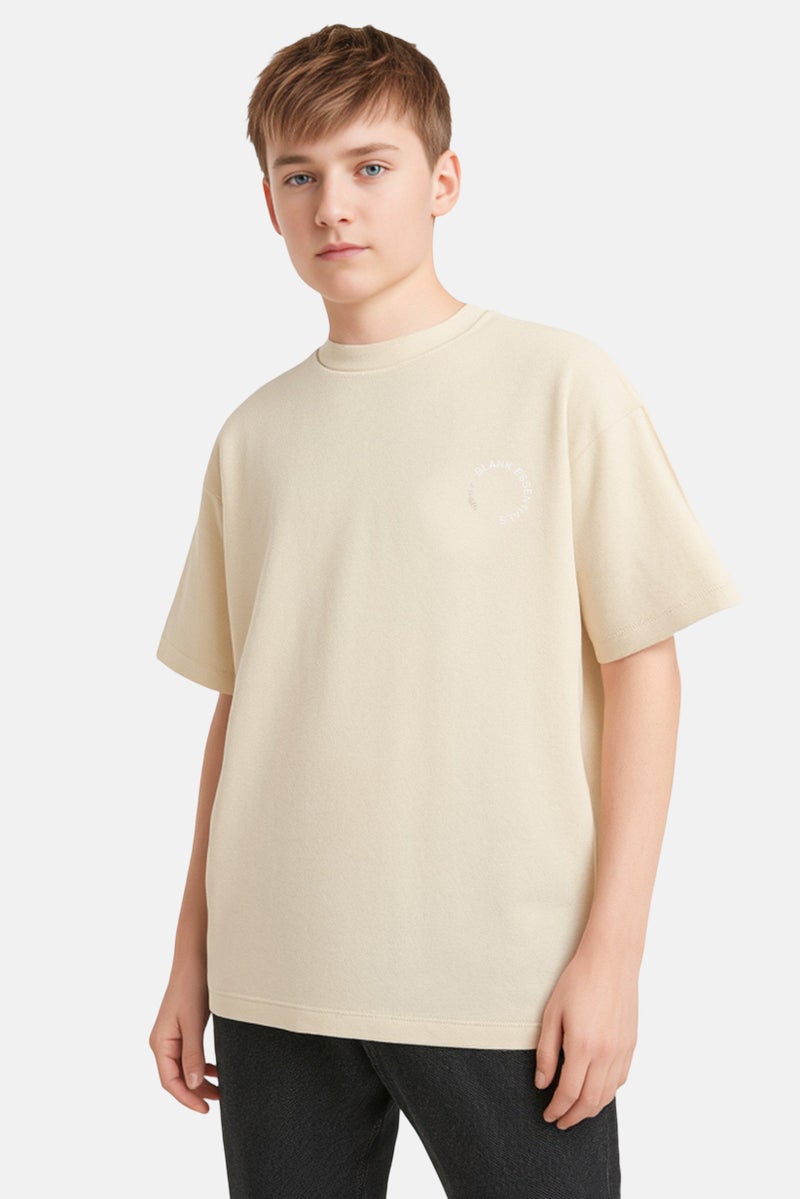 Blank Essentials Kids Boy Short Sleeve Brand Logo T-shirt, Beige - Image 1