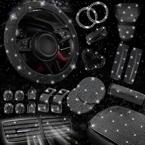 NBTEPEM 30 Pcs Black Bling Car Accessories Set for Women Steering Wheel Cover Set Bling Console Cover Seat Belt Cushion Shift Knob Cushion Cup Holder Coaster Rhinestone Car Hanging Accessories - Image 1