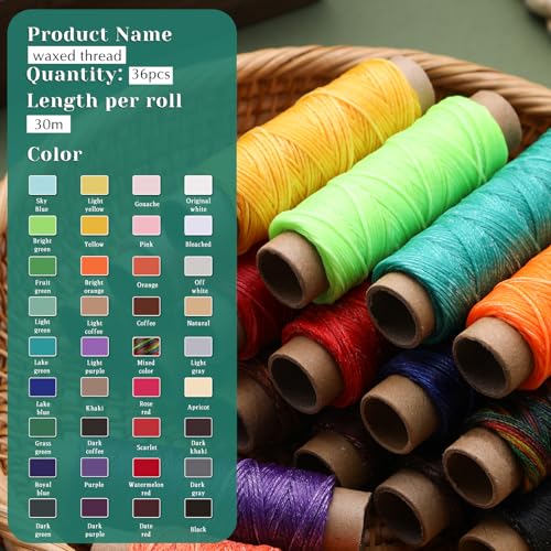 JUPEAN 36 Colors Waxed Thread, 1188 Yards Colorful Leather Thread, 33 Yards Per Color Waxed Polyester Cord, Sewing Threads, Hand Stitching Threads for Hand Sewing - Image 2