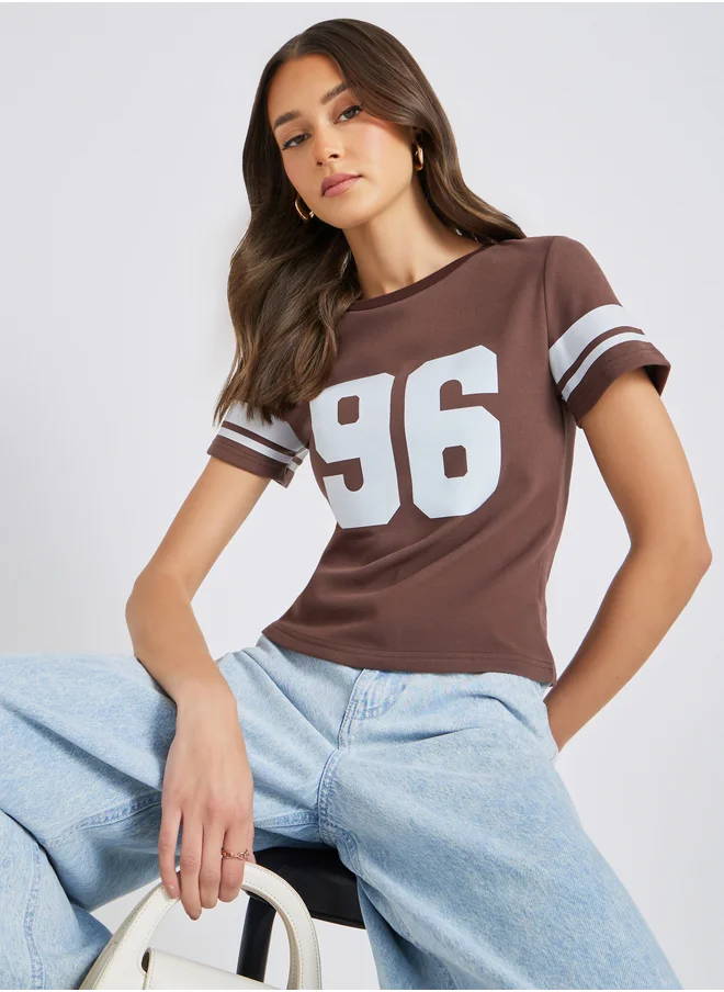 ستايلي Styli Varsity Print Short Sleeve Cropped Fitted T-Shirt