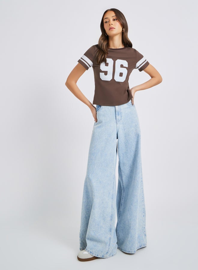 Styli Varsity Print Short Sleeve Cropped Fitted T-Shirt - Image 2