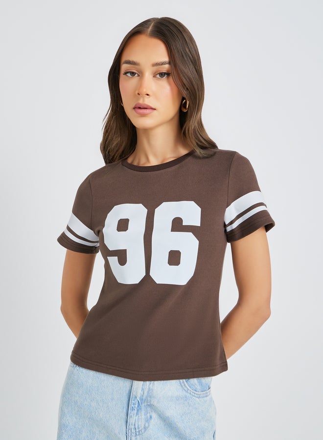 Styli Varsity Print Short Sleeve Cropped Fitted T-Shirt - Image 1