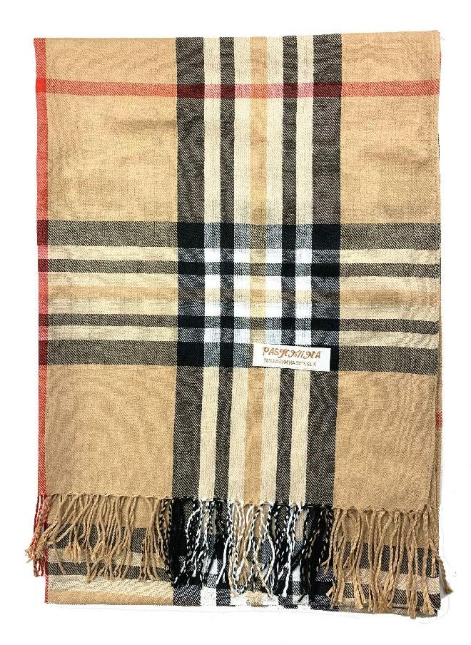 Plum Feathers Plum Feathers Luxurious Classic Plaid Pattern Pashmina Scarf (Camel)  - Image 2
