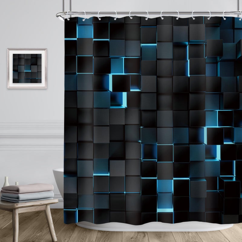 Riyidecor Black Navy Blue Wall Shower Curtain 60Wx72H Inch Abstract Brick Modern 3D Gradient Design Futuristic Cubes Geometric Plaid Man Cool Bathroom Decor Fabric Polyester Waterproof 12 Pack Hooks - Image 2