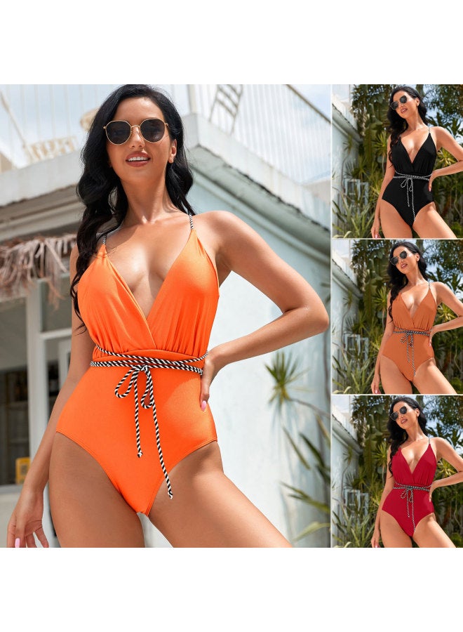 23 حزام جديد للتجارة الخارجية الأوروبية والأمريكية ملابس سباحة من قطعة واحدة بلون سادة بي نايلون خفيف ب عالي المرونة - اللون: رقم 5 أحمر وردي - المقاس: XL - Image 2