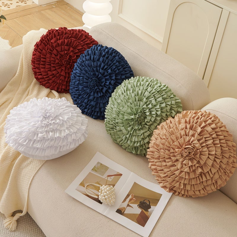 Navy Blue Handcrafted Round Ruffled Floral Pillow Ultra Soft Polyester 16 Inch - Image 2