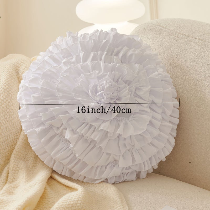 Navy Blue Handcrafted Round Ruffled Floral Pillow Ultra Soft Polyester 16 Inch - Image 3