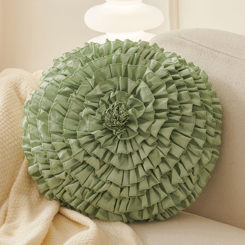 Navy Blue Handcrafted Round Ruffled Floral Pillow Ultra Soft Polyester 16 Inch - Image 5
