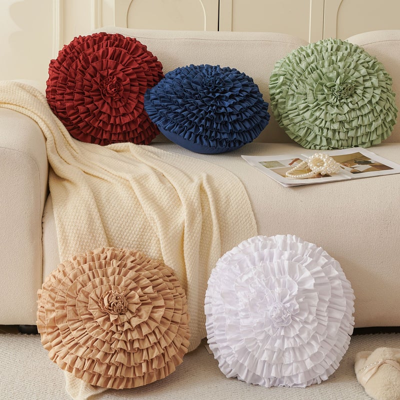 Navy Blue Handcrafted Round Ruffled Floral Pillow Ultra Soft Polyester 16 Inch - Image 1