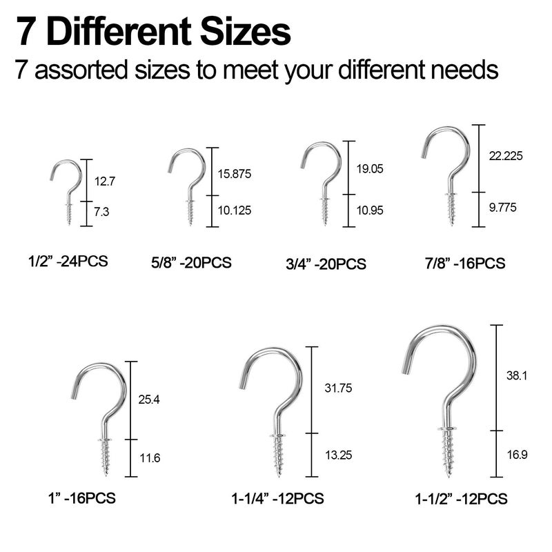 Hoiny Screw Hooks, 120 Pieces Cup Hooks Nickel Plated Hooks Metal Screw-in Eye Hooks Ceiling Hook for Cabinet Shelf(Silver), 7 Sizes - Image 2