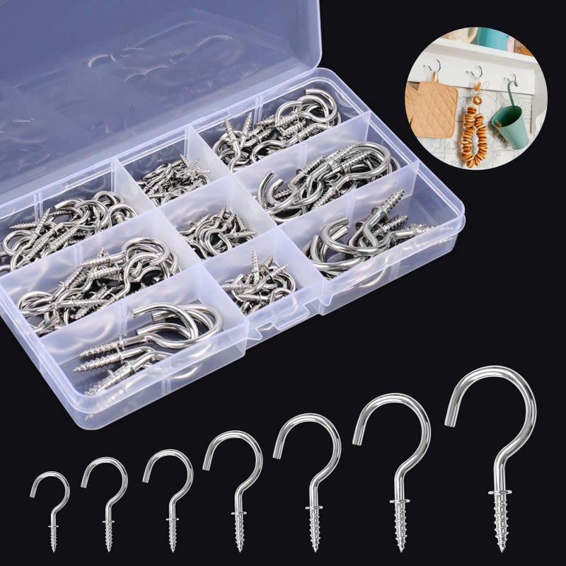 Hoiny Screw Hooks, 120 Pieces Cup Hooks Nickel Plated Hooks Metal Screw-in Eye Hooks Ceiling Hook for Cabinet Shelf(Silver), 7 Sizes - Image 1