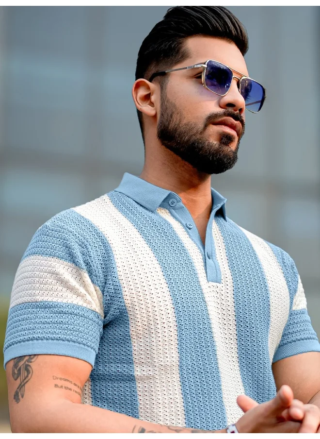 مانياك Maniac Mens Half Sleeve Blue and White Aristripe Flat Knit Cotton Polo T-Shirt