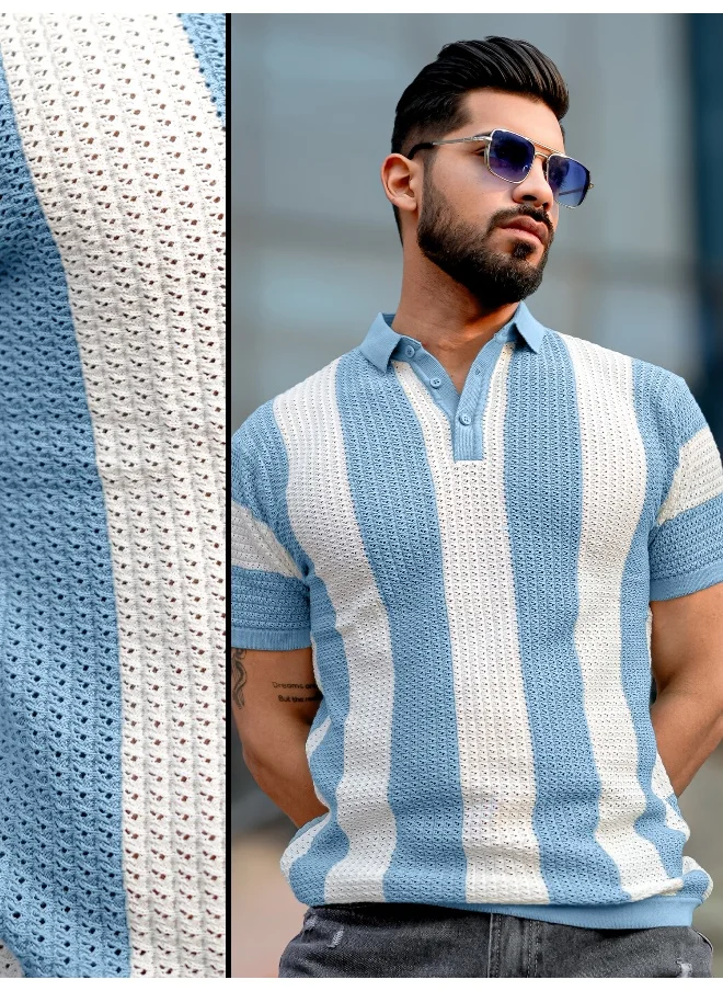 مانياك Maniac Mens Half Sleeve Blue and White Aristripe Flat Knit Cotton Polo T-Shirt