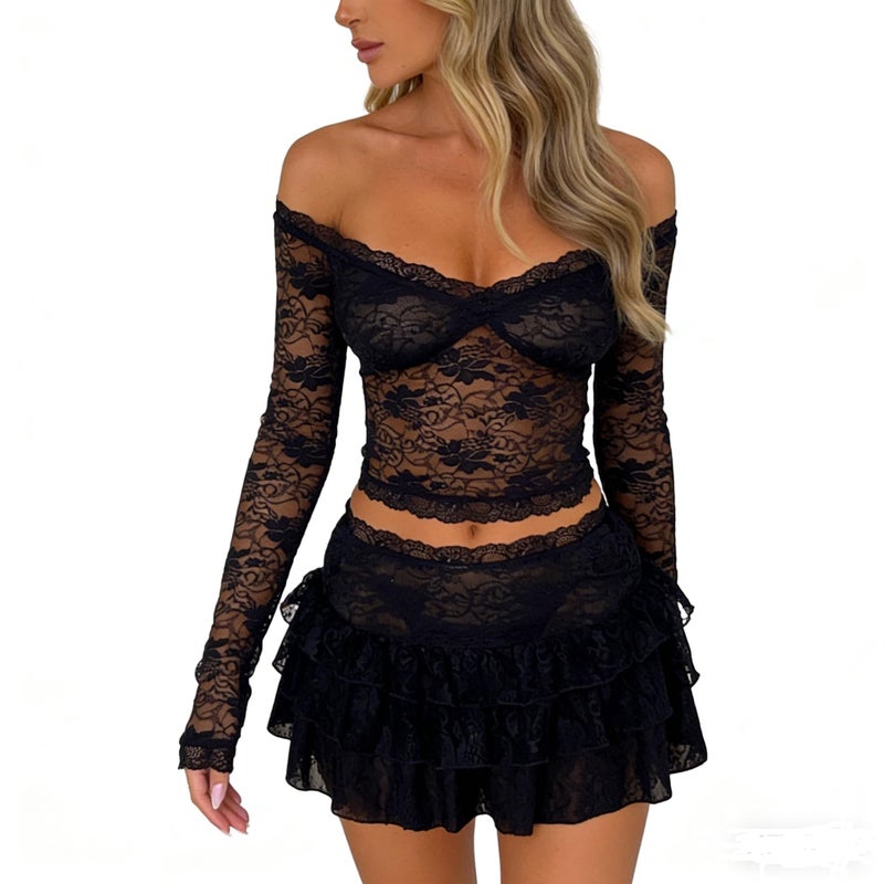 Passec 2 Pieces Mini Skirt Set for Women Elegant Lace Crop Top Bodycon Skirts Sheer Mesh Y2K Matching Sets(A Elegant Off Shoulder Black,S - Image 3
