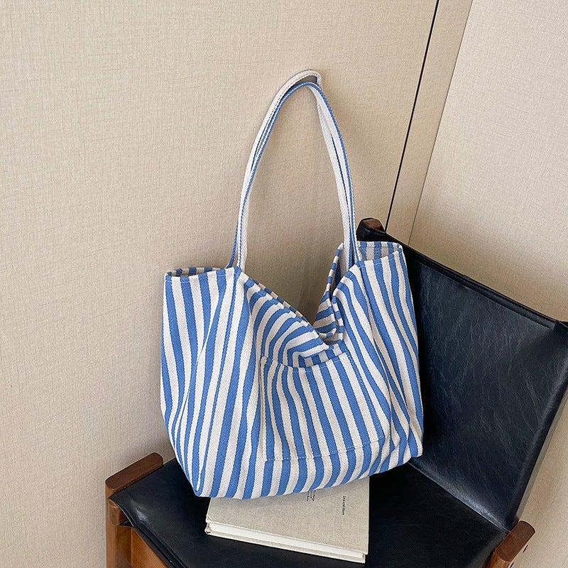 Korean Style Simple Striped Shopping Bag Large Capacity New Artistic Fresh Style Canvas Bag Women'S All-Match Bag