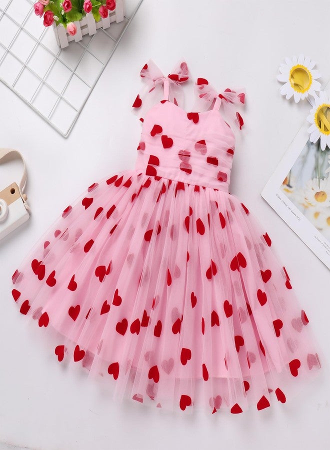 ODOLDI 1st Birthday Girl Dress Outfit Baby Pink Sleeveless Hearts Tulle Dress Princess Valentine's Day Pageant Party Tutu Dress Toddler Cake Smash Photoshoot Dresses Pink+Red Hearts 5-6 Years - Image 3